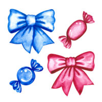 Bows and candies. Blue and pink. Handmade watercolor illustration. Children's pictures. Isolate. For greeting cards, stickers and decorations, compositions and labels, packaging and prints png