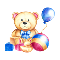 Cute teddy bear, ball, cubes and yellow duck. Children's toys. Handmade watercolor illustration. For the design of children's books, postcards and flyers. For labels of packaging of children's goods png