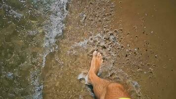 A man walks along the seashore. A view of men's legs walking along the seashore in slow motion and a wave washing over the legs and the sandy shore. video