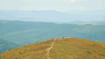 Hikers on Distant Mountain Trail, Hikers walking on a mountain ridge with scenic views video