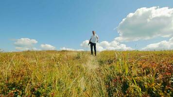 Mann gehen im riesig Wiese, Tourist Mann gehen im ein Feld. ein des Mannes gehen durch das Feld video