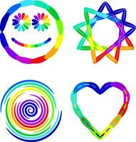 Fantasy whirlwind with primary colors. Set of happy icons with face, heart and basic shapes vector