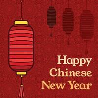 Happy CNY lantern vector design banner isolated on square pattern red background.