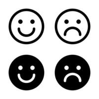 contento y triste emoticon icono colocar. sonrisa y infeliz cara símbolo vector