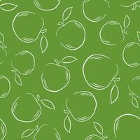 Apple seamless pattern in line art, flat style. Design for package, wrapping, fabric, menu, food store. Vector illustration on a green background.