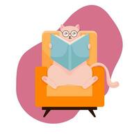 Cat character in glasses study flat. Cat sits on a armchair and reads a book. Vector illustration isolated on a white background.