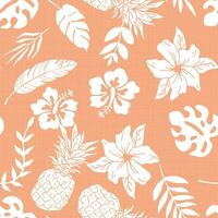 Tropical flower leaves and pineapple monochrome seamless pattern on texture background vector