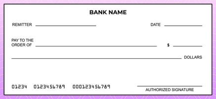 Vector of Blank Bank or Personal Check. Payment, Money, Cash, Currency, Cheque, Banknote