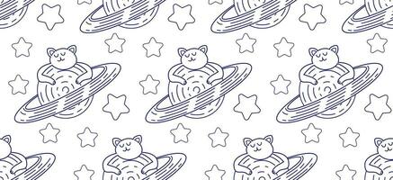 Cat in space seamless pattern. Children's coloring book on a white background isolated. Line drawing vector illustration with cute space cats.