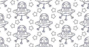 Cat in space seamless pattern. Children's coloring book on a white background isolated. Line drawing vector illustration with cute space cats.