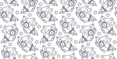 Cat in space seamless pattern. Children's coloring book on a white background isolated. Line drawing vector illustration with cute space cats.