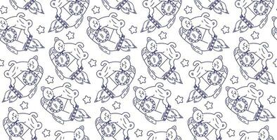 Cat in space seamless pattern. Children's coloring book on a white background isolated. Line drawing vector illustration with cute space cats.