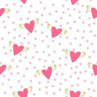 Flying pink hearts with golden wings. Pink dots. Cute seamless pattern vector