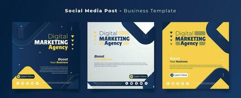 Social media post template in blue yellow and white with rectangle background for advertising design vector