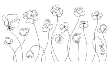 Set abstract different wildflowers drawn by one line. Sketch botanical art. Continuous line drawing meadow. Vector illustration in minimalist style.