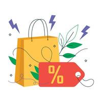Seasonal discounts. Price reductions, special holiday offers. Paper bag, percentage sign, price tag and graphic elements. Vector graphic.