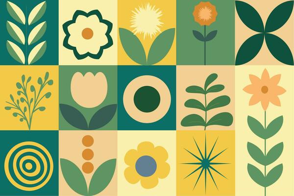 Geometric seamless floral eco pattern. Natural mosaic background with flowers, plants and simple forms. Neo geo art. Swiss style.
