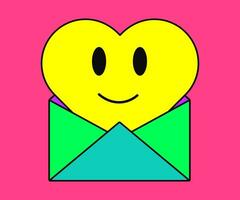 Happy smiling heart in an envelope. Sticker or icon in retro 90s style. Flat vector illustration.