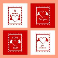Postcards for couples in love with hearts and inscriptions for you, you and I, be mine, I love you. Red and white postcards for couples vector