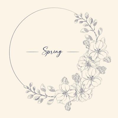 Hand-painted apple tree flowers, branches and leaves. Round wreath. Isolated on a white background. Design for wall art, wedding, print, fabric, cover, postcard.