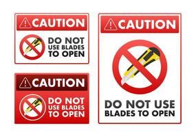 Safety warning signs vector illustration indicating not to use blades for opening packages, suitable for workplace safety and package handling instructions.