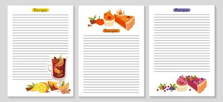 Recipe cards. Template cookbook sheets for recipe, notes on cooking and ingredients. Pumpkin, berry. vector