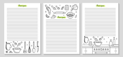 Cocinando receta 3 carteles con cocina utensilios contorno icono. vacío libro de cocina paginas para hecho en casa horneando. vector