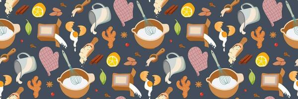 Seamless pattern with pastries, kitchen utensils. Ingredients for lemon cake, flour, milk, cinnamon. vector