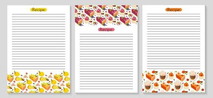 Bundle of recipe card templates for making notes about preparation of food and cooking ingredients. vector