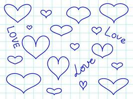 Hand drawn heart on checkered paper vector illustration. Doodle symbols with handwritten text for love decorations