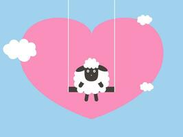 Sheep in love on swing head in clouds. Cartoon drawing vector illustration on blue background with pink heart