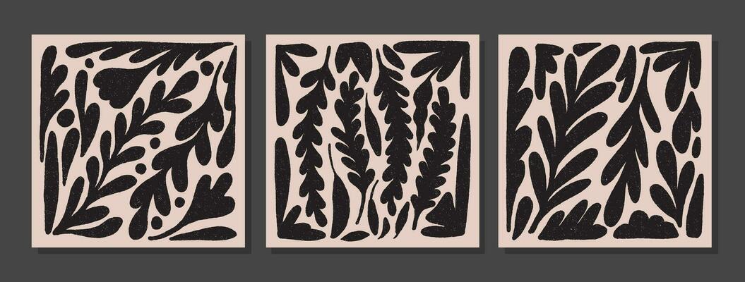 Set of wall art with plants silhouettes. Collage with curly branches with grunge texture. Retro style abstract minimalist art mural illustration. Collection of simple floral patterns