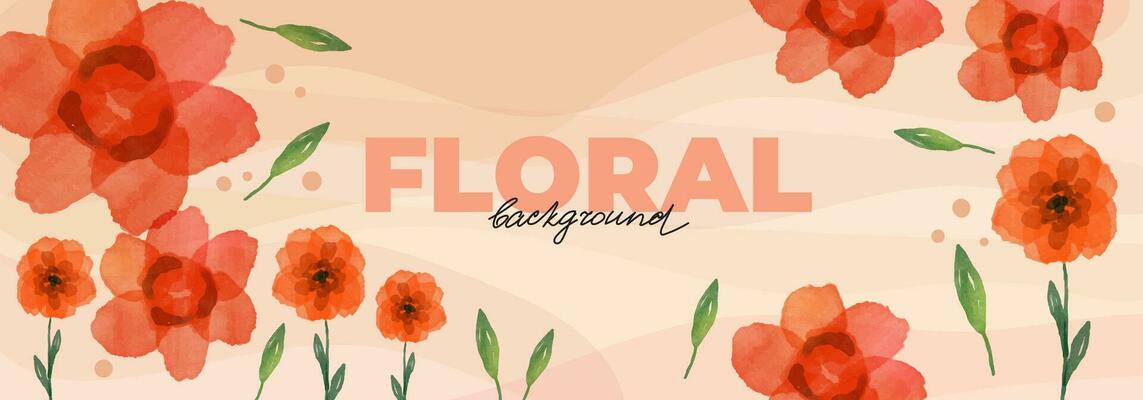 Spring floral background with watercolor poppies and leaves. Botanical elements for banner design. Template with green branches, red flowers, stems.