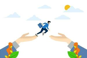 confident businessman jumping from giant hand to new place. Changing jobs or careers, getting out of a toxic position, concept of improvement, determination and courage to change to a better place. vector