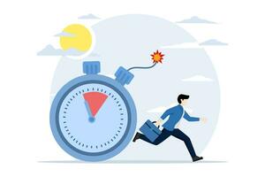 Time management concept. Businessman running away from time countdown bomb about to explode. a countdown to a project deadline or a problem or difficulty in shipping or launching a product. vector