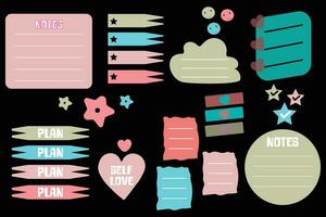 Cute doodle notes sticker for kids. Paper notes with love, stars, and label sticker elements for children's notebook. vector