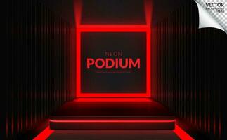 Square black podium with red neon Inside of the container background free space for products. Vector Illustration