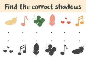 Find the correct shadow for the elements of butterflies, notes, hearts, feathers. An educational game for children. Vector illustration