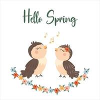 Vector singing birds in cartoon style. Symbol of spring. Hello spring. Spring is on the side. Vector illustration.