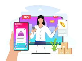 Flat style vector illustration of woman selling online using social commerce platform. Concept of social media commerce, online selling, live streaming.