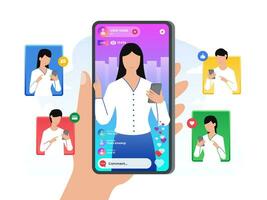 Selling goods on mobile screen using Social media commerce. People are shopping around with their smartphones using social commerce. Vector illustration.