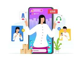 Selling items on the mobile screen using live social commerce and people around you are making purchases. Flat design minimal vector illustration.