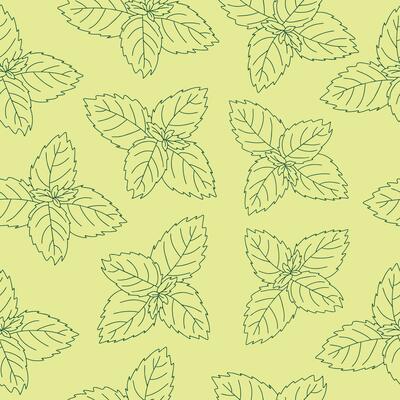 Seamless pattern of mint leaf icon. Isolated illustration of a mint leaf icon in linear style on a green background
