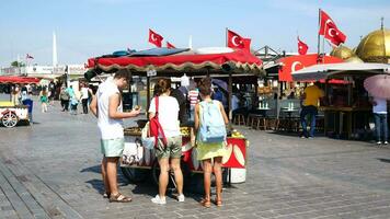 turkey istanbul 23 july 2023. Boat fish restaurant at Galata bridge Eminonu Golden Horn Istanbul video