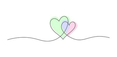 Continuous line drawing of two hearts icon with watercolor spots. Holiday card, romantic, wedding design elements. Symbol of love. vector