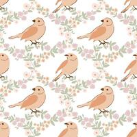 Beige birds seamless pattern with woodland sparrow and flowers. Spring floral damask motif are great for Easter wallpaper, wrap paper, repeat background, textile design. Vector cottagecore print.