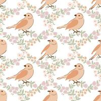 Beige birds seamless pattern with woodland sparrow and flowers. Spring floral damask motif are great for Easter wallpaper, wrap paper, repeat background, textile design. Vector cottagecore print.