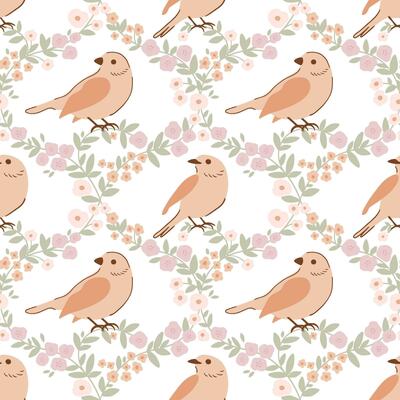 Beige birds seamless pattern with woodland sparrow and flowers. Spring floral damask motif are great for Easter wallpaper, wrap paper, repeat background, textile design. Vector cottagecore print.
