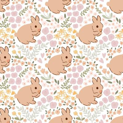 Gentle beige Easter bunny floral seamless pattern. Cute damask print. Baby rabbit sit in tiny flowers spring field. Pastel farm animal repeat background. Sweet hand drawn fabric, cottage core textile