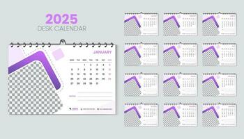 Desk calendar 2025 planner and corporate design template set, Annual calendar 2025 for 12 months, week starts Monday, abstract purple gradient color shape with vector layout